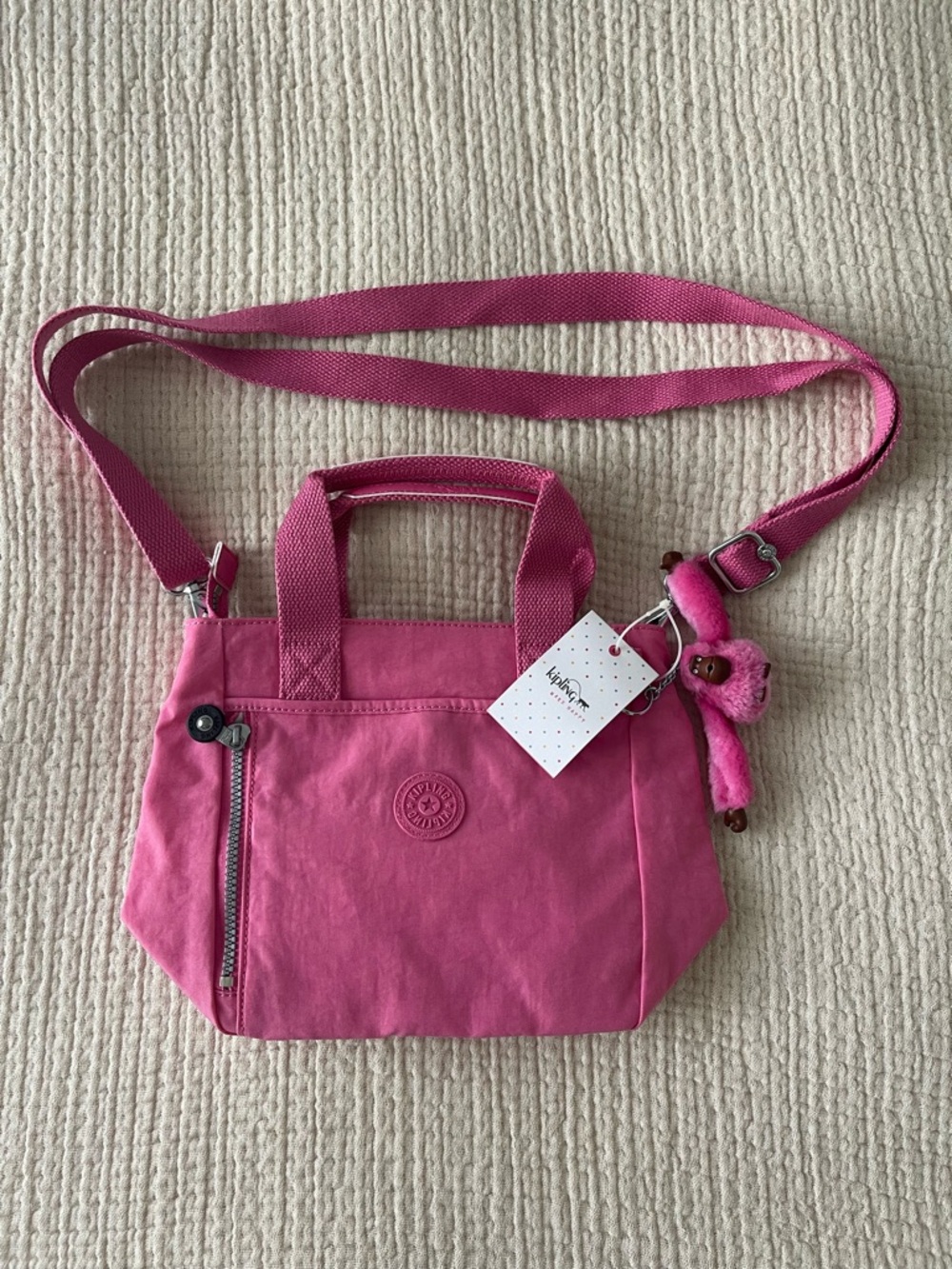 Kipling Hot Pink Small Crossbody Tote with Monkey Charm